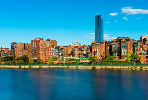 Boston skyline with historic buildings in Back Bay district, view from the Charles River