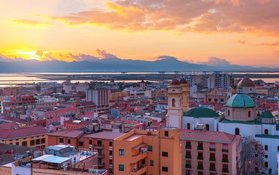 Evening panorama of Cagliari, sunset on Sardinia, Italy