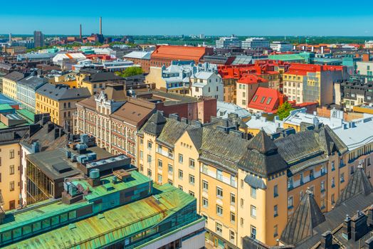 Colorful historic buildings in the traditional scandinavian architectural style. Aerial panorama of a European city, Finland