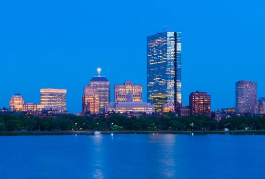 Boston skyline at dusk. Office buildings in Back Bay. Urban panorama in the evening. Massachusetts, USA