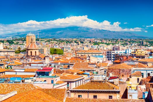 Aerial panorama of Catania and Vulcano Etna on the background, Sicily, Italy