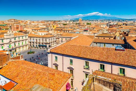 Cityscape of Catania with Mount Etna on the background, Sicily, Italy