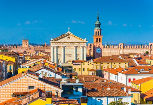 Panorama of the walled city of Cittadella. Cityscape of the medieval Italian town. (Text on the cathedral in Latin: Temple of Heaven and the Gate) Province of Padua. Northern Italy.