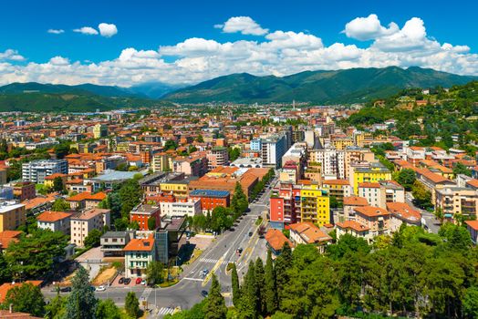 Brescia, Italy: Aerial panorama of the city. Beautiful summer landscape. Cityscape with colored houses
