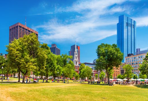 View of the Boston Common, a central public park in downtown, Massachusetts, USA