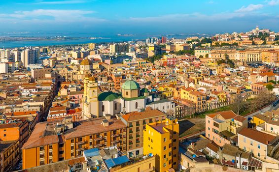 Cityscape of historic center in Cagliari, the biggest city on Sardinia Island, aerial view, wide angle panorama