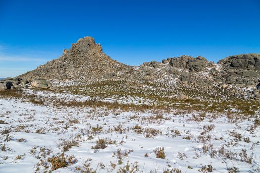 Winter landscape with snow in mountains of Serra do Xures natural park, Galicia, Spain