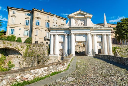 Bergamo - July 2017, Lombardy, Italy: Gates in upper town of Bergamo (Saint Giacomo Gates)