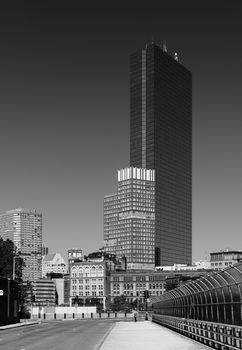Boston - June 2016, MA, USA: John Hancock skyscraper in Back bay Boston, black and white photo