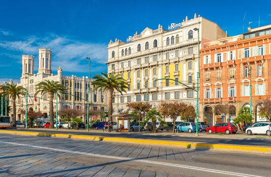 Cagliari, Sardinia - January 2 of 2016, Italy: View of the main street (Via Roma), view on Town Hall and "la Rinascente" department store