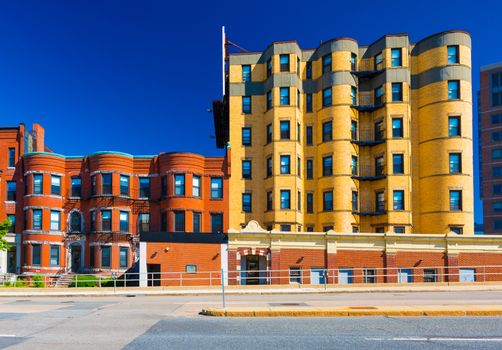 Boston - July 2016, MA, USA:  Residential blocks of flats on one of the streets of Back bay in Boston