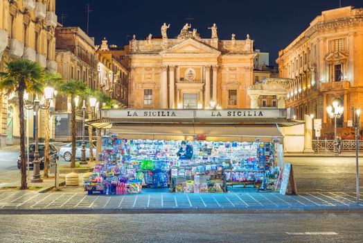 Catania - April 2019, Italy: A newsstand La Sicilia (The Sicily) on one of the major squares of the city