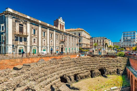 Catania - April 2019, Italy: Roman Amphitheater of Catania, ruins of an ancient theater
