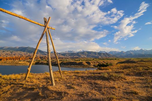 Issyk kul lake with mountains on background in Kyrgyzstan