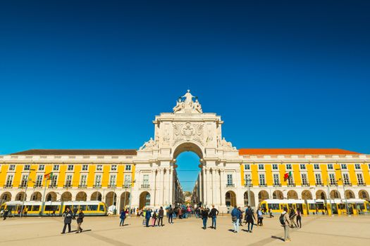 Lisbon - January 2019, Portugal: View of The Arco da Rua Augusta on Praça do Comércio in the center of Lisbon