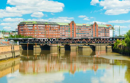 Hamburg - July 2018, Germany: View of the Oberhafen bridge (Oberhafenbrucke)