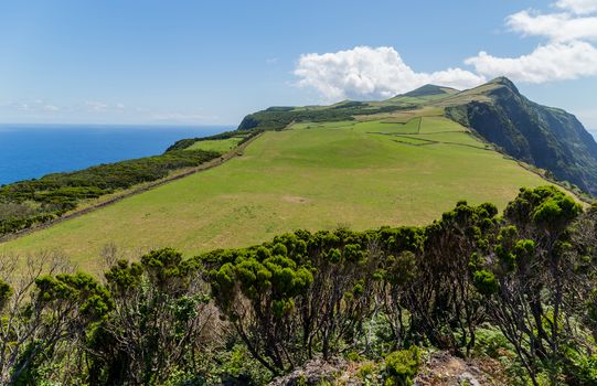 View of the Sao Jorge countryside with the ocean on the background. Azores, Portugal