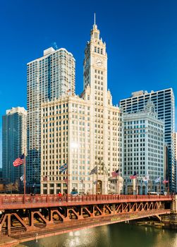 Chicago - March 2017, IL, USA: View of the Wrigley Building and DuSable Bridge in downtown Chicago.