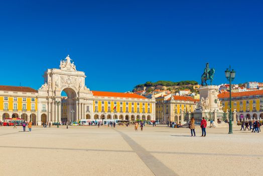 Lisbon - January 2019, Portugal: View of The Central Square of Lisbon (Praça do Comércio) with walking people