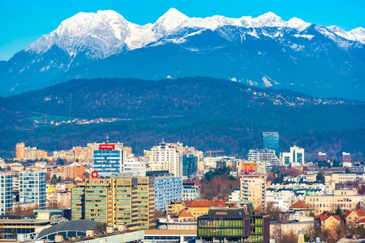 Ljubljana - December 2019, Slovenia: Beautiful cityscape of downtown Ljubljana on a sunny winter day