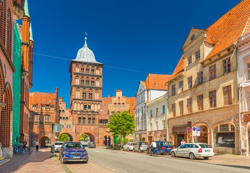 Lubeck - July 2018, Germany: View of The Northern City Gate in Lübeck, Brick Gothic architecture style