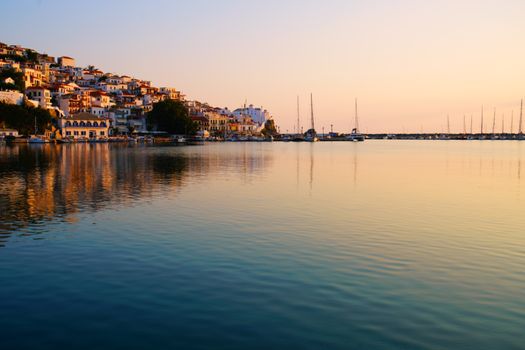 Skopelos town harbour at sunrise