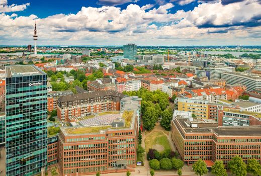 Hamburg - July 2019, Germany: Aerial panorama of a modern German city. Cityscape of downtown Hamburg