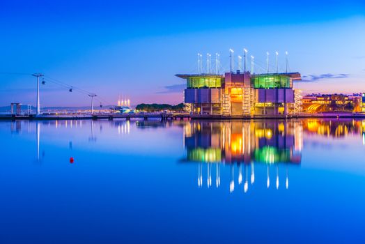Lisbon - February 2019, Portugal: View of The Oceanarium of Lisbon (Oceanario de Lisboa) and the funicular leading to The Park of Nations