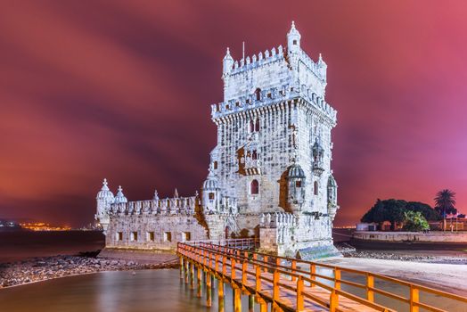 Lisbon - January 2019, Portugal: Belem Tower (Torre de Belém) at night,  one of the main landmarks of the city