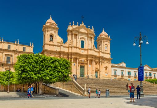 Noto - April 2019, Sicily, Italy: View of The Noto Cathedral, baroque architectural style
