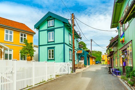 Oslo - June 2019, Norway: Colorful wooden houses on a street of Oslo