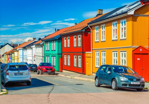 Oslo - June 2019, Norway: Colorful wooden houses on a street of Oslo. Traditional Norwegian architecture