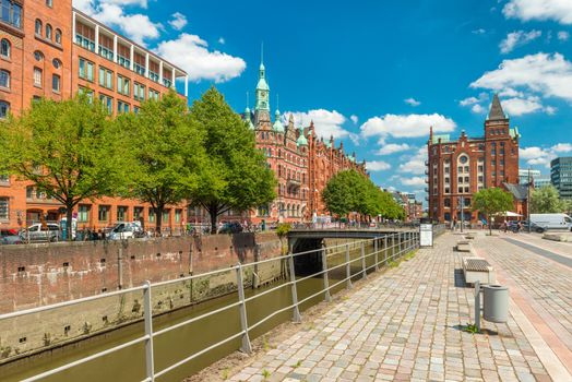 Hamburg - July 2018, Germany: View of the embankment in the HafenCity district