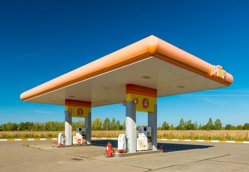 Ivanovo - September 2018, Russia: Gas station "PLUS" near a highway