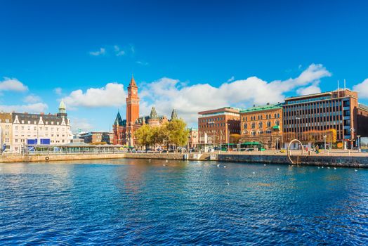 Helsingborg - October 2018, Sweden: Harbour in the city of Helsingborg. Cityscape with modern and historical buildings. Swedish port city
