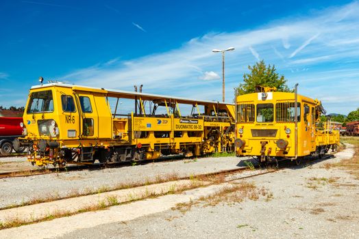 Ljubljana - September 2019, Slovenia: Two service-maintenance type trains in The Slovenian Railway Museum