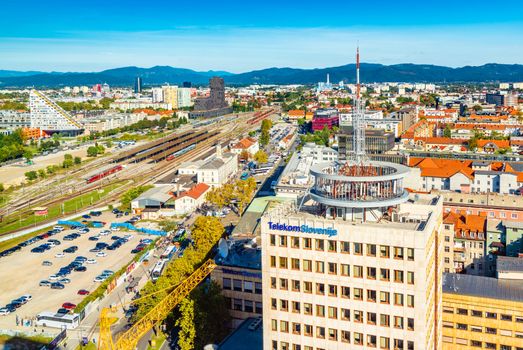 Ljubljana - September 2019, Slovenia: Aerial panorama of Ljubljana, view of the main train station and downtown