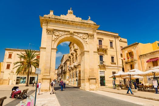 Noto - April 2019, Sicily, Italy: The City Gate in the Sicilian town which is considered as the capital of Italian Baroque