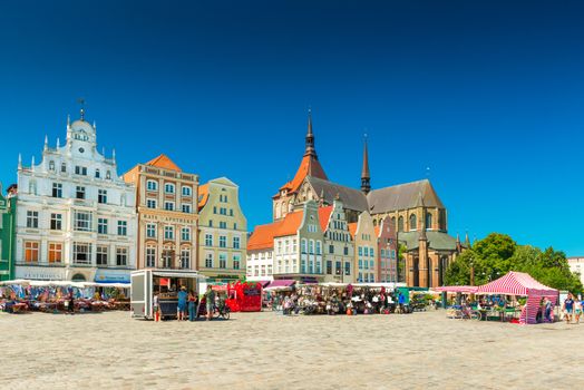 Rostock - July 2018, Germany: View of the central square in the city of Rostock