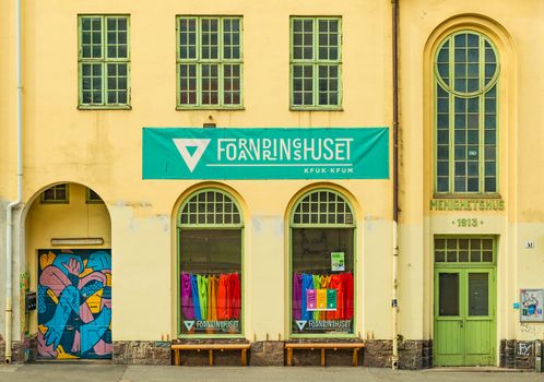 Oslo - June 2019, Norway: View of the Culture and Activity house in Oslo (Forandringshuset). Facade of an old historical building (Menighetshus)