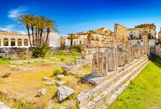 Syracuse - April 2019, Sicily, Italy: The Temple of Apollo in Ortygia Island, one of the major landmarks of the city