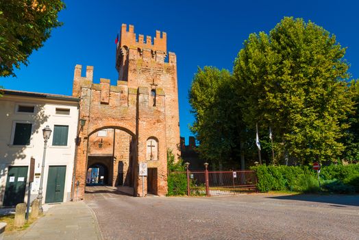 Montagnana - August 2017, Italy: Old tower with city gates. Walled town in province of Padova