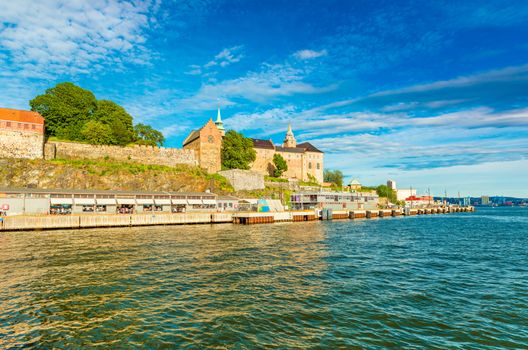 Oslo - June 2019, Norway: View of The Akershus Fortress in the historical part of the city of Oslo