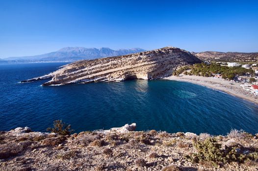 Matala bay, rock and beach on the island of Crete in Greece