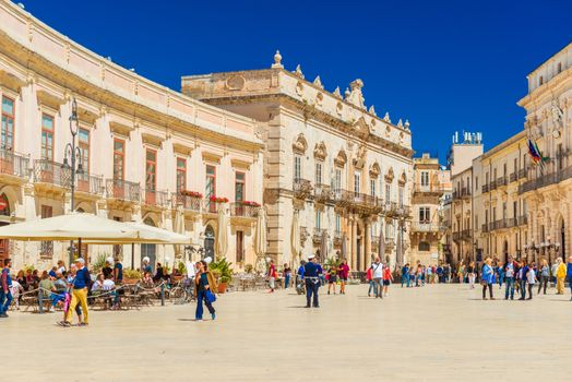 Ortygia - April 2019, Sicily, Italy: View of the central square (Piazza Duomo) in Ortigia, the historical part of Syracuse