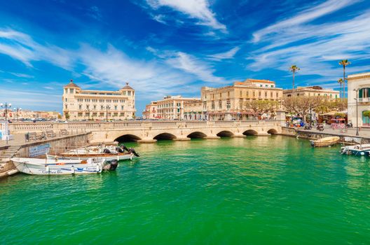 Syracuse - April 2019, Sicily, Italy: View of the Umbertino bridge between Syracuse and Ortygia