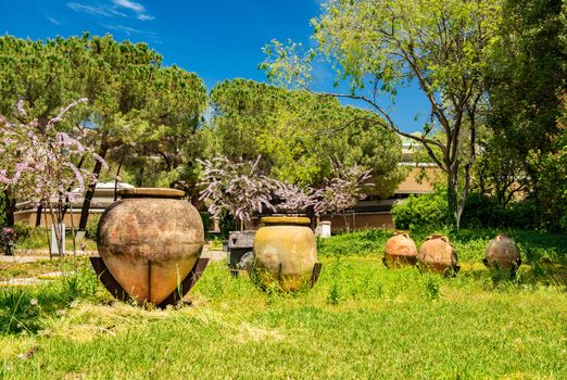Syracuse - April 2019, Italy: Ancient amphoras in the Archaeological Museum of Paolo Orsi in Syracuse