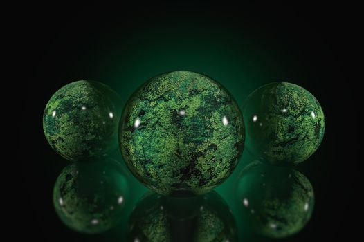 Three glossy spheres on a reflective surface in an empty dark space. 3d illustration of stylized planets on a black background