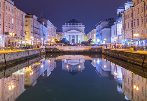 Trieste - December 2016, Italy:  Night view of Grand Canal in the city of Trieste, old Church and historical buildings mirror reflected in the water (Chiesa di Saint Antonio Nuovo)