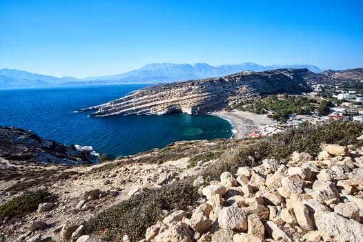 Matala bay, rock and beach on the island of Crete in Greece